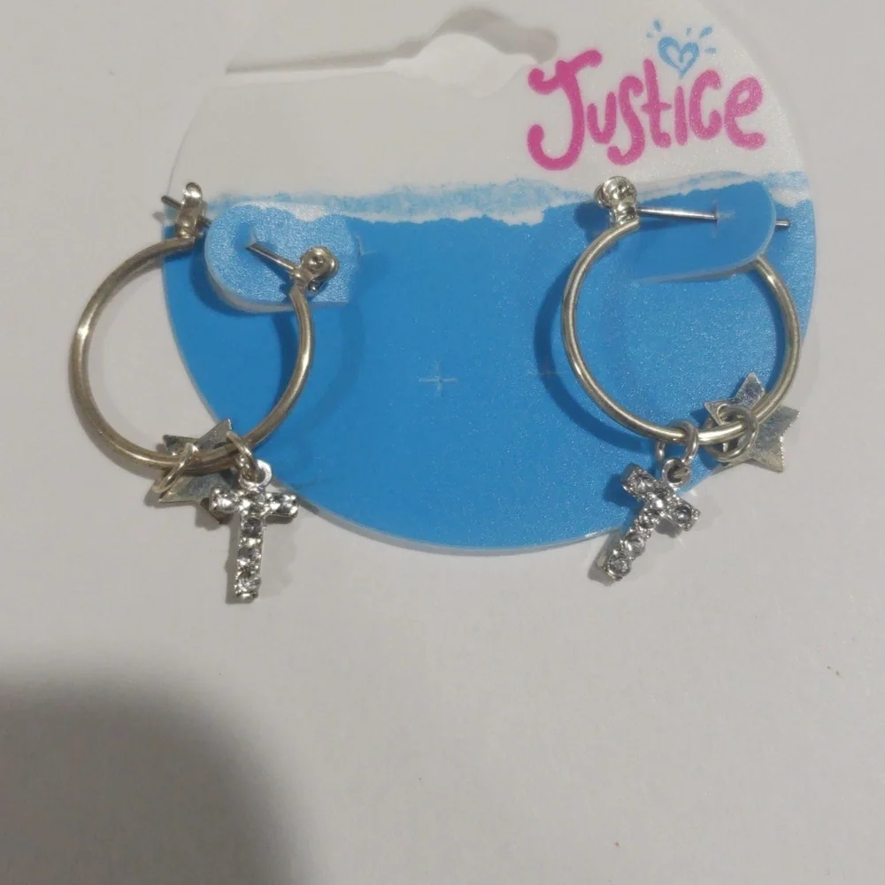 Justice Silver-tone Hoop Earrings Sparkling Cross & star-shaped charms - Girls